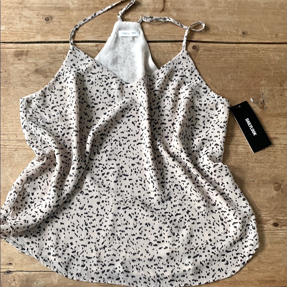 NWT Olivia Grey Blush and Black print racer back Tank blouse